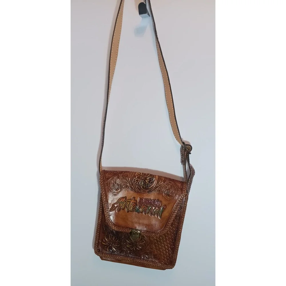Vintage purse Leather Hand Tooled Handbag El Rincon Mexico Artesanal Boho Retro